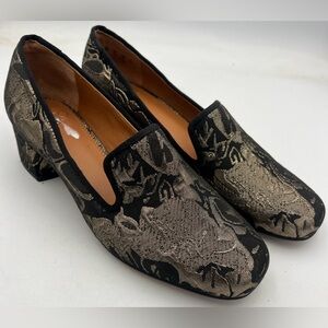 🌲 FRANCO SARTO Hettie Block Heel Brocade Fabric Black/Gold Women’s Size 8M NEW